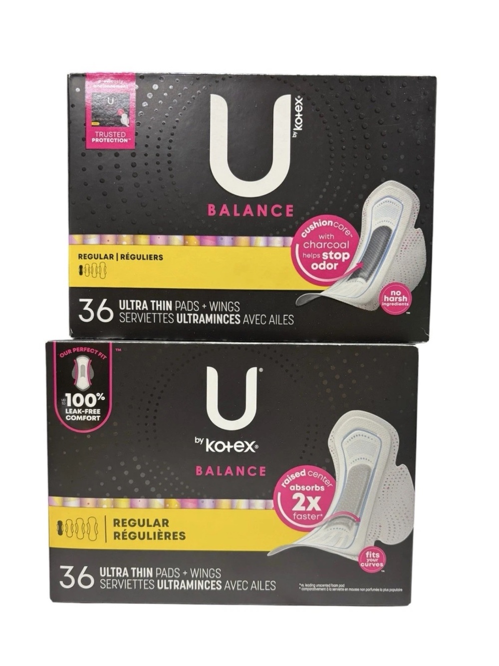 (2) U by Kotex Balance Ultra Thin Pads w/ Wings, Regular Absorbency, 36ct